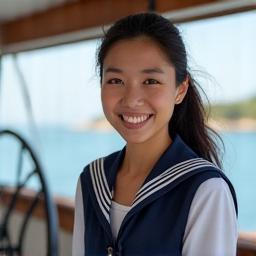 Captain Amelia Chen smiling at helm