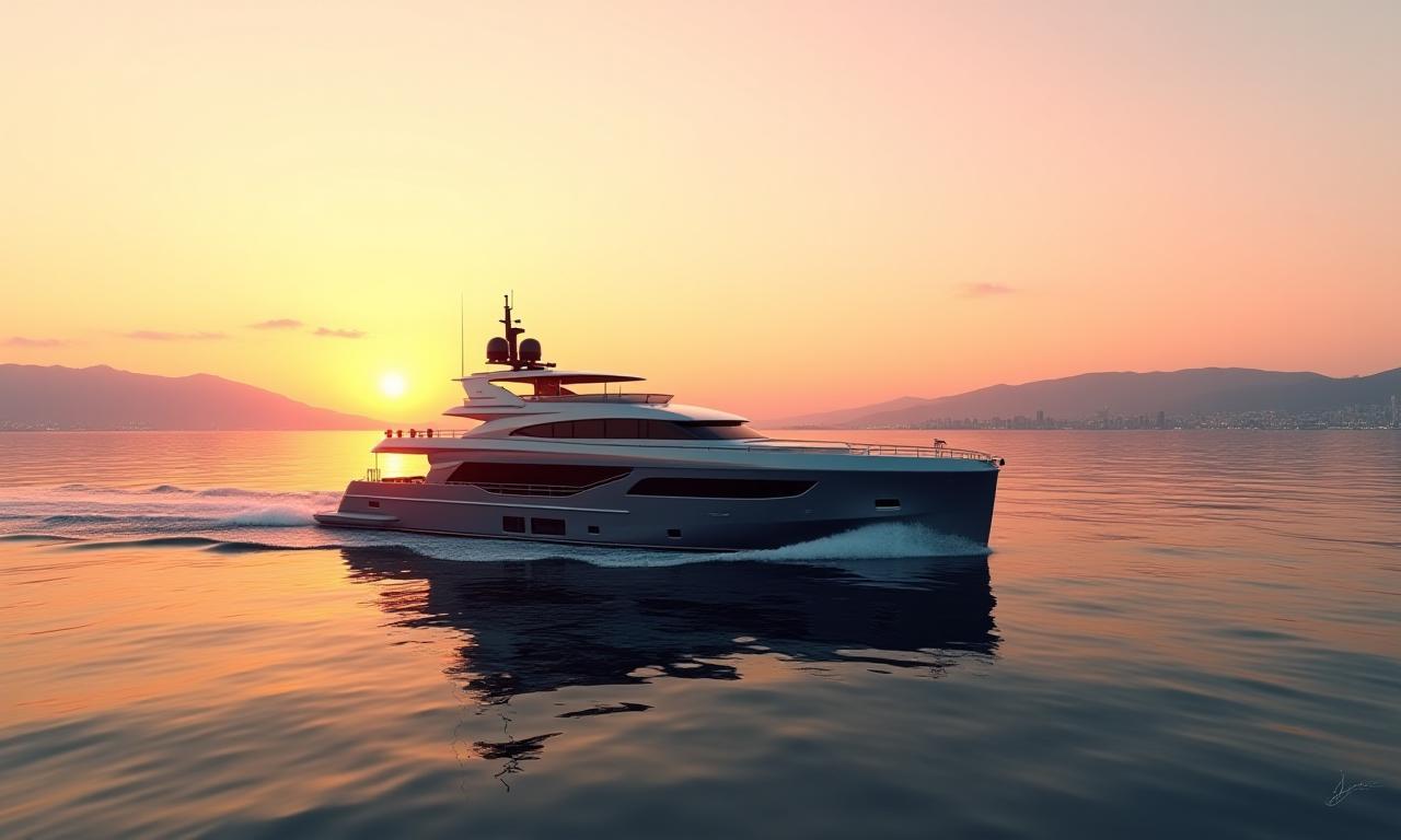 Luxury yacht sailing at sunset near Vancouver
